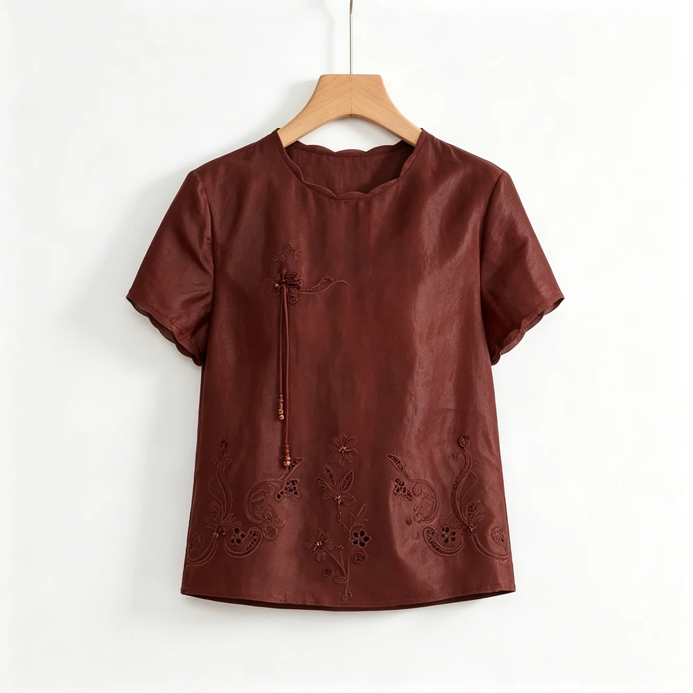Plus Size Women's Fashion Summer New 100% Natural Mulberry Silk Red Cloud Yarn Nail Bead Embroidered Hollow Short Sleeve T-shirt