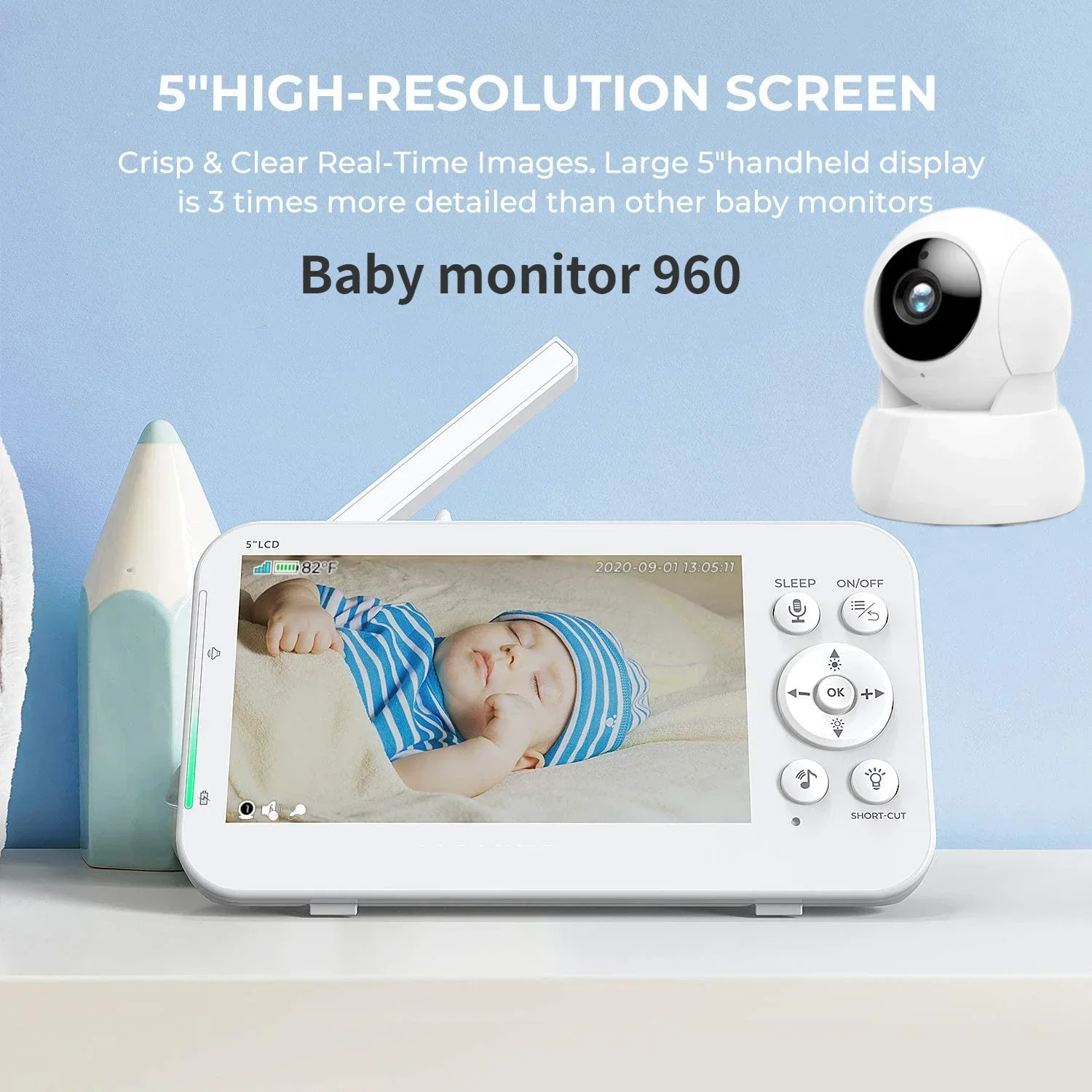 

Baby Monitor Surveillance Security Camera,5-Inch Screen Baby Monitor,AUTO INFRARED NIGHTVISION,Two-Way Talk Built-in 6 lullabies