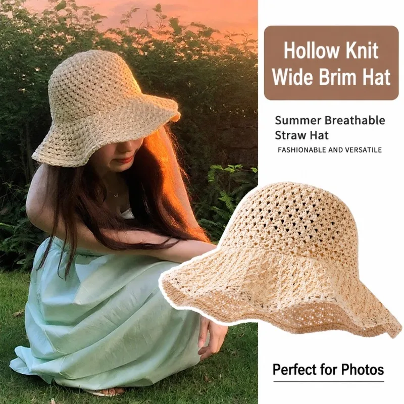 Women's Crochet Fishnet Knit Bucket Hat Summer Sun Visor Beach Holiday Hollow Out Straw Hat