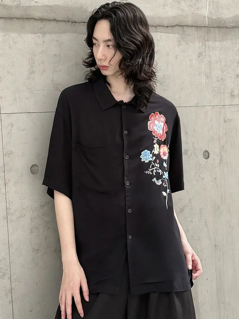 YAMAMOTO-Style Shirt 2026 Summer HighQuality Dark Style Short-sleeved Shirt With Shoulder-hanging Floral Print Blouse