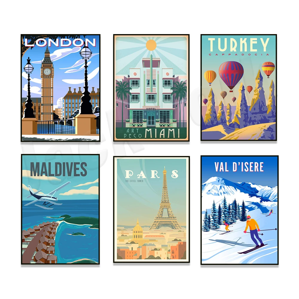 Maldives, Vietnam, Miami, Canada, Cappadocia Turkey, Paris France, Las Vegas, London, Isère Valley, New York travel art poster