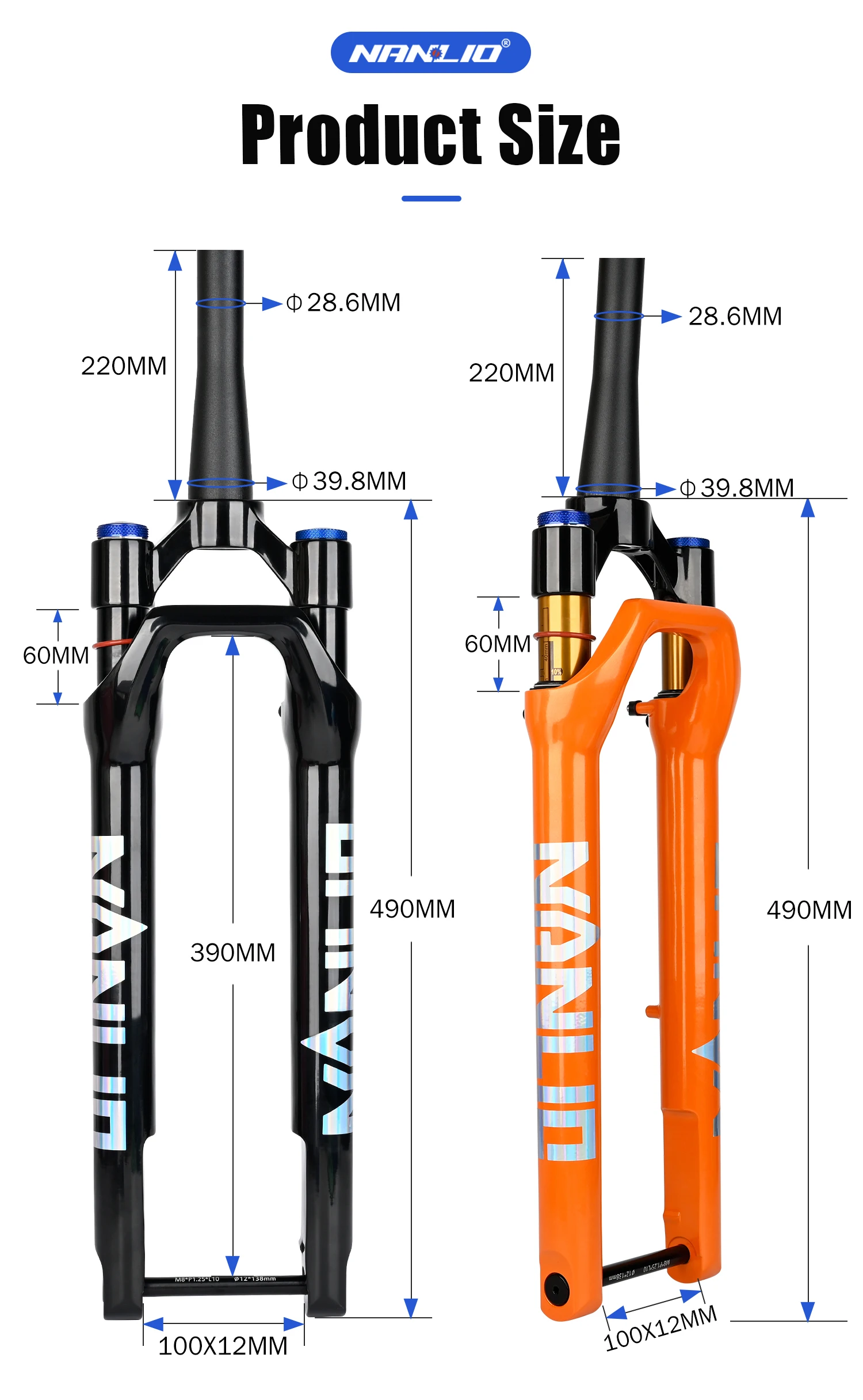 Nanlio 700C Forcella a Sospensione 45mm Offset 60mm Viaggio Ghia Forcella per Bicicletta Conica 100*12mm Perno Passante Disco Forcella per Bici da