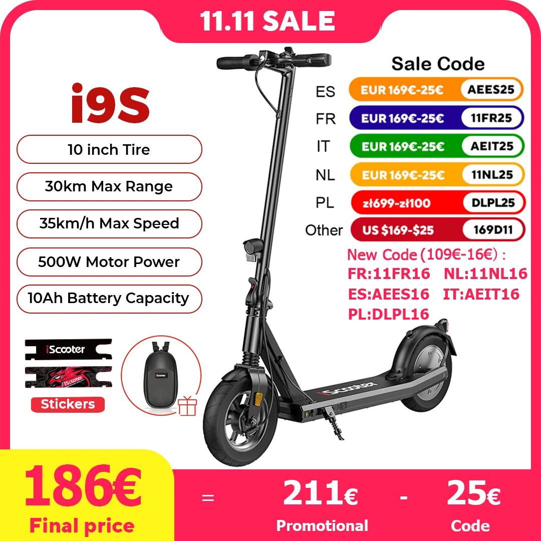 iScooter i9S 10inch Electric Scooter 500W 10Ah 35km/h Scooters Pneumatic Tire Scooter for Adult with Stickers scoorter electrico