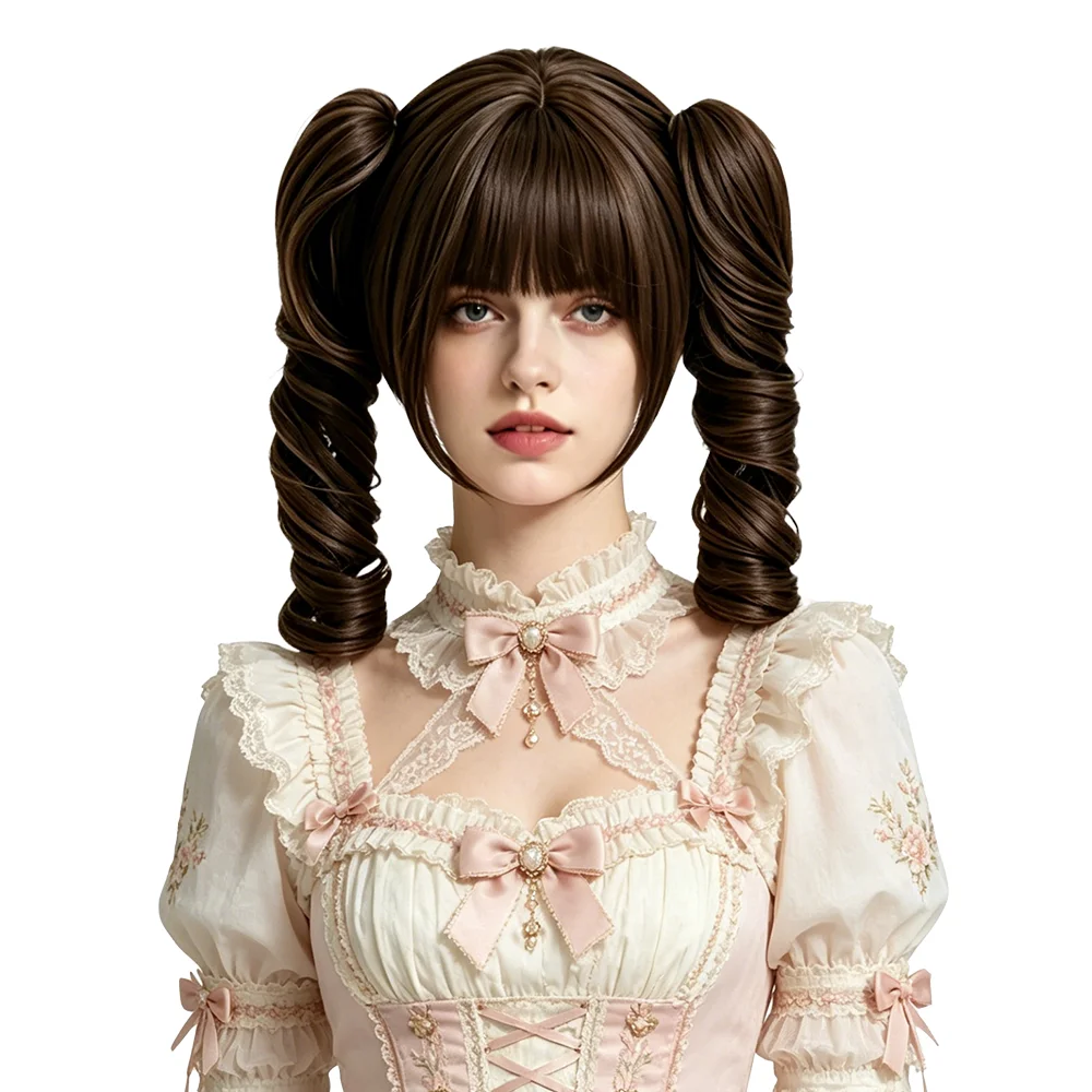 

Protein Fiber Black Tea Brown Spiral Curly Twin Tails Cosplay Wig Universal Synthetic Hair For Women Halloween Party Comic Con