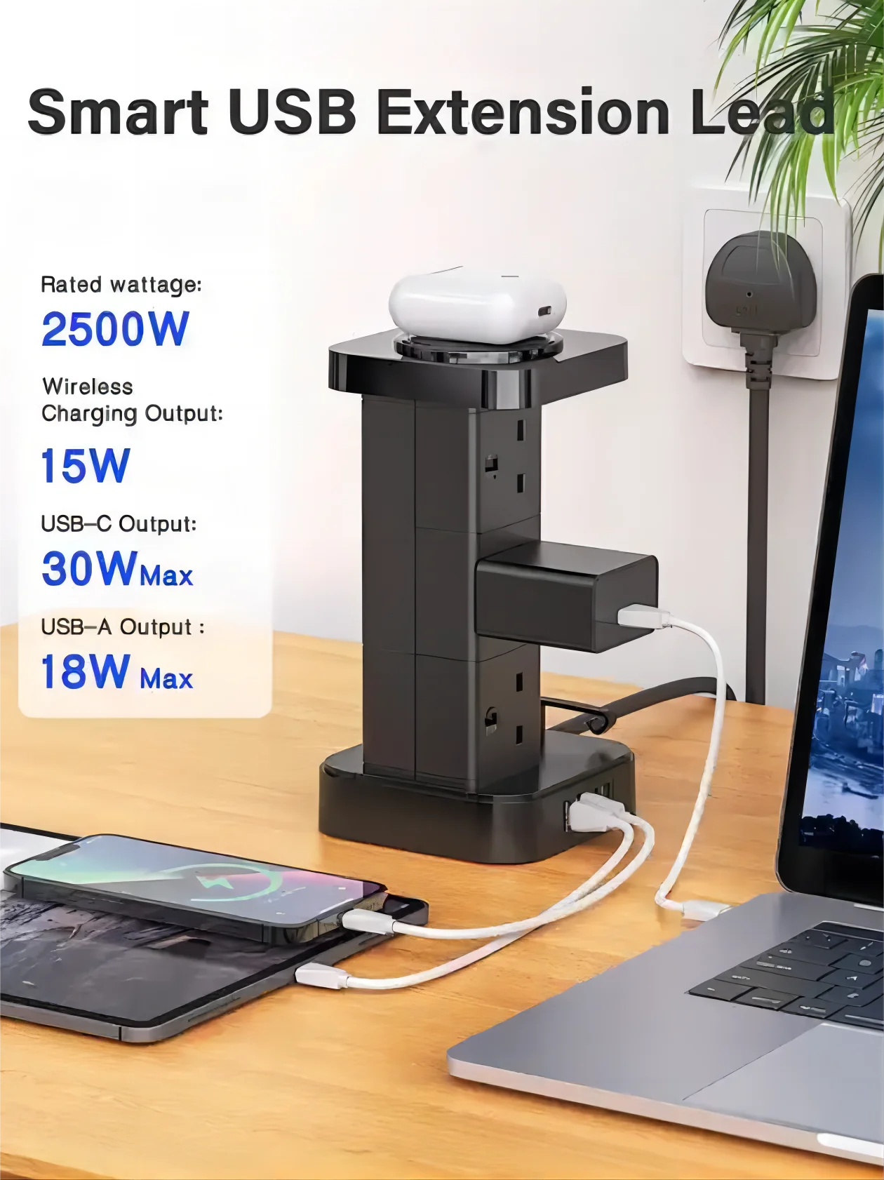 LDNIO UKCA Vertical Power Plug Tower Shape Extension Socket UK Outlet with USB-A USB-C Charging Power Socket Strip