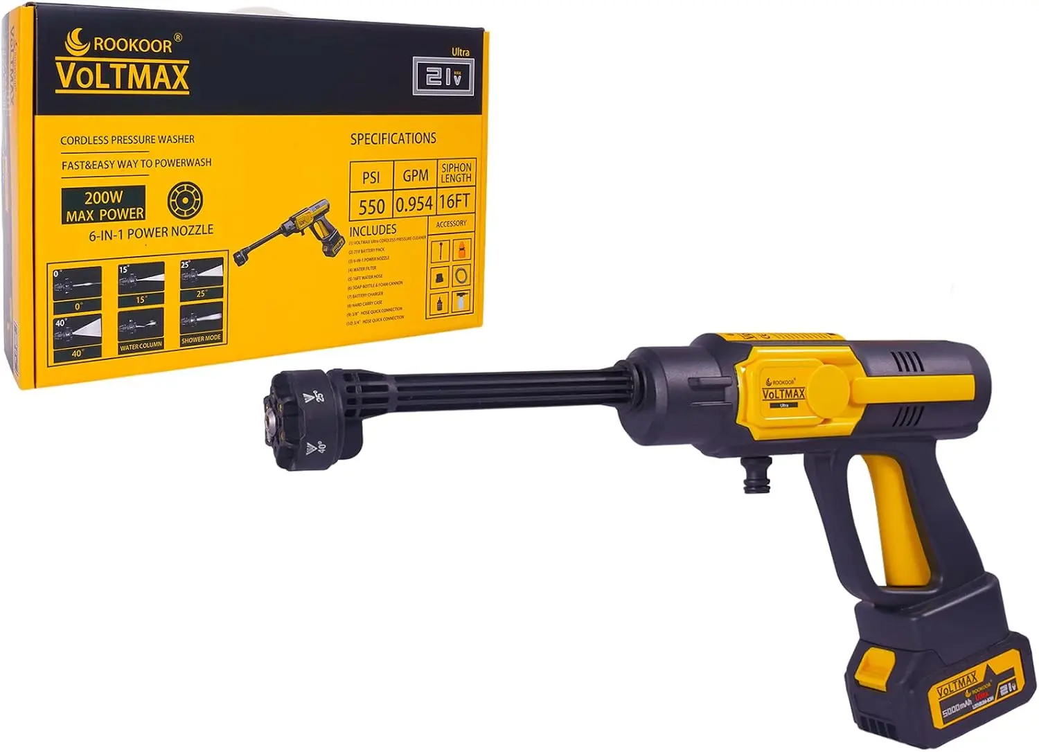 

Мойка высокого давления Rookoor на батарейках, портативный ручной распылитель с насадкой 6-в-1, двойной источник воды, шланг длиной 16 футов для домашнего автомобиля