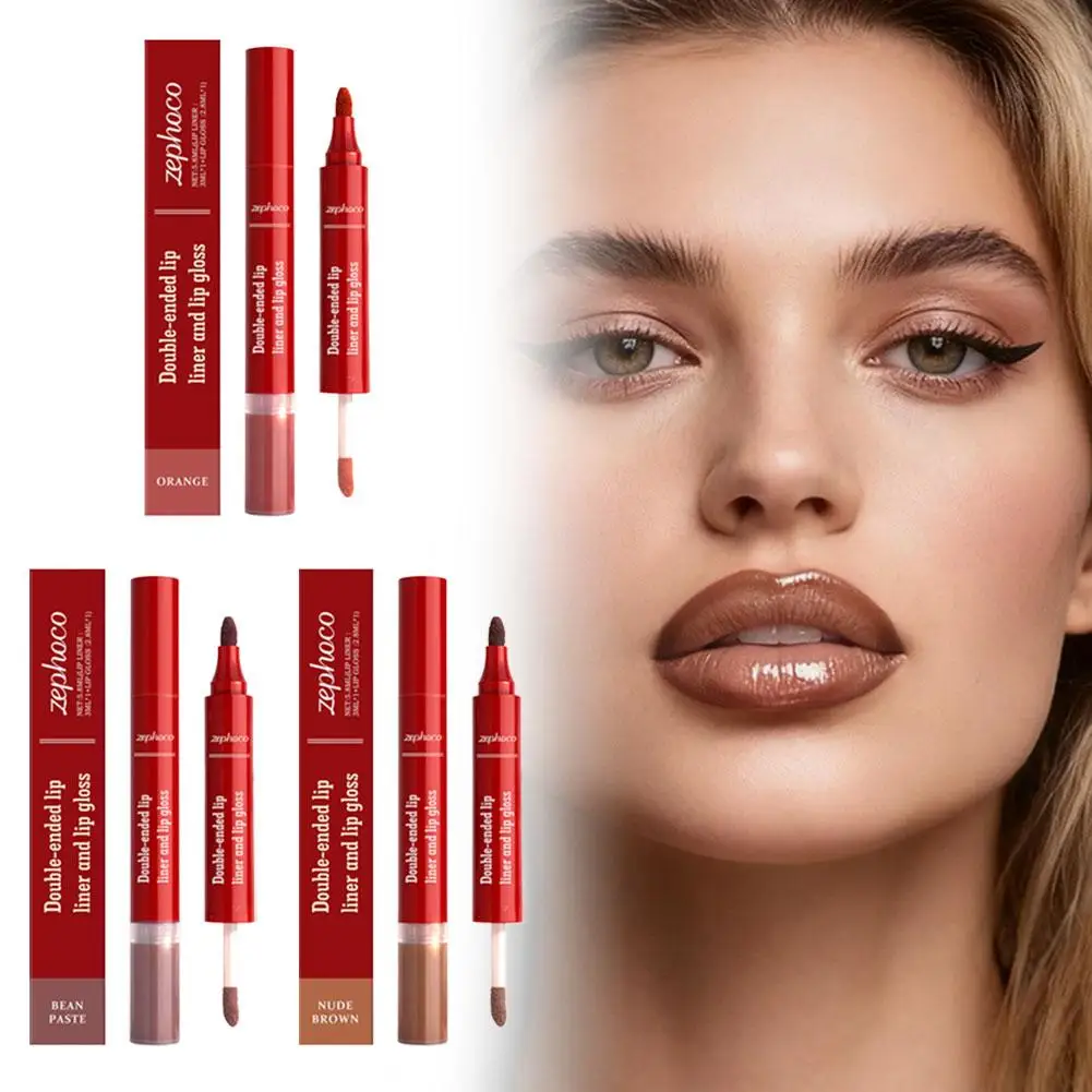 Penna per lucidalabbra liquido a doppia testa Olio per contorno labbra 2 in 1 Smalto per labbra Idratante a lunga durata Labbra rimpolpanti Trucco per macchie