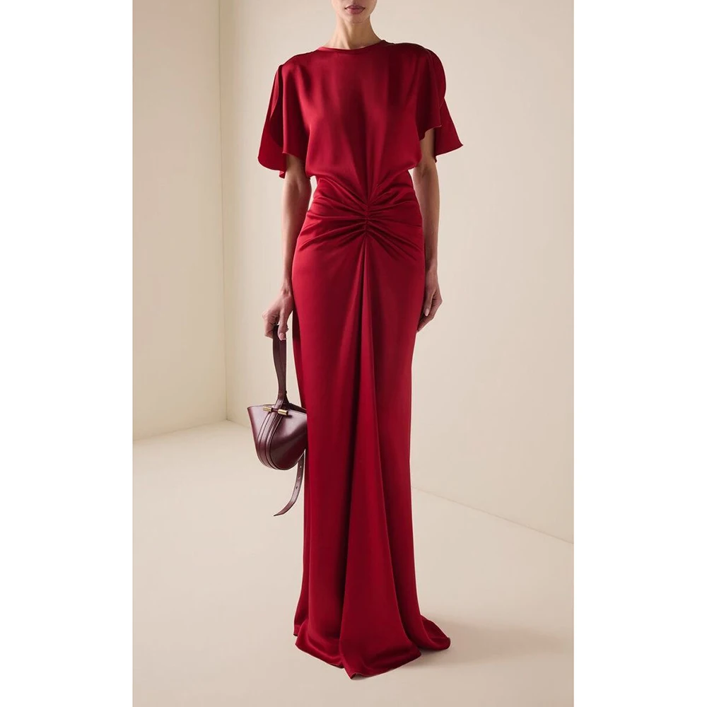 Luxury Red Satin Evening Dresses O-neck Short Sleeves Long Mermaid Dresses Floor Length Ball Party Evening Banquet Growns