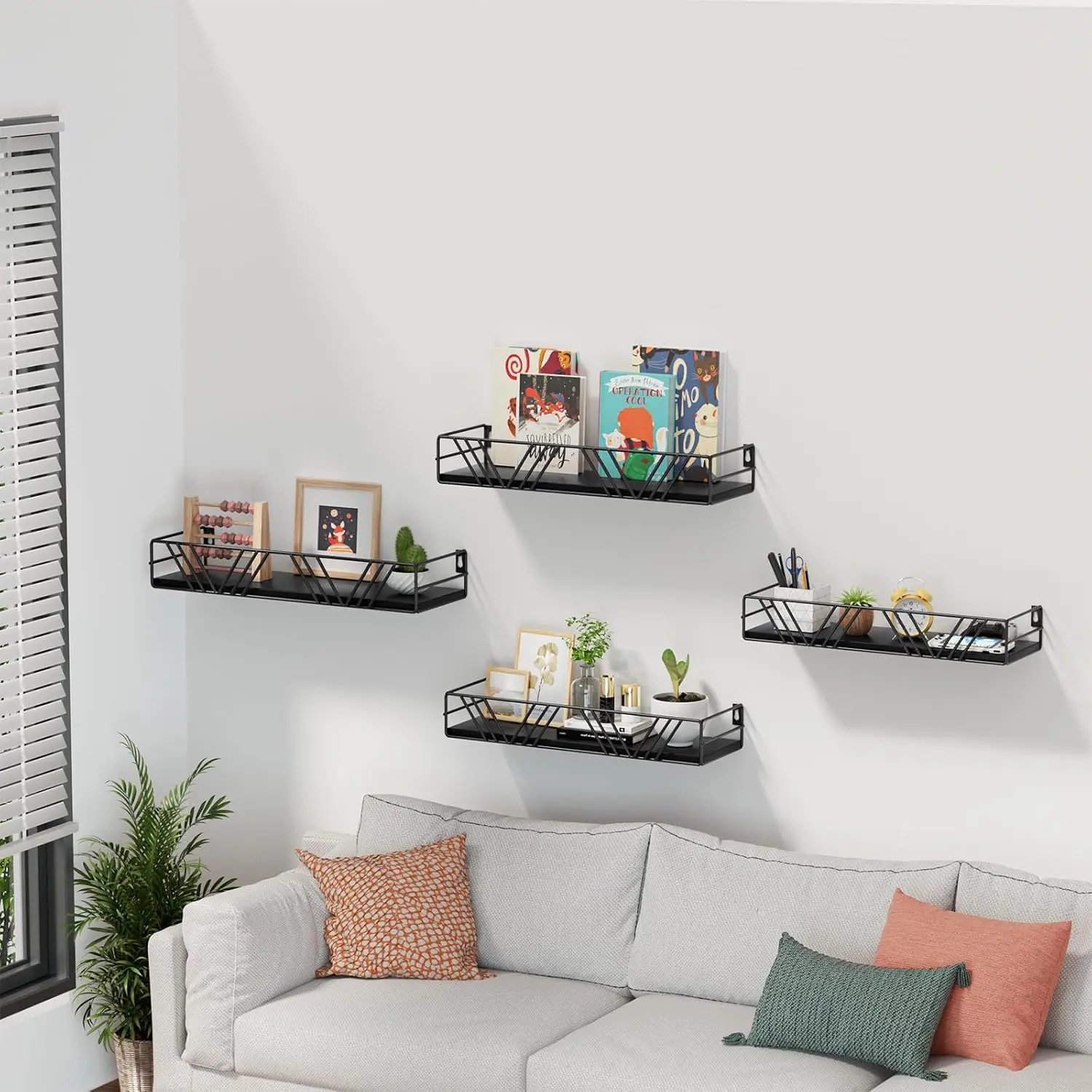 Set of 4 wood floating wall shelves, wall‑mounted storage and display ledges, natural rustic decor for bedroom, living room, bathroom, kitchen and office spaces.