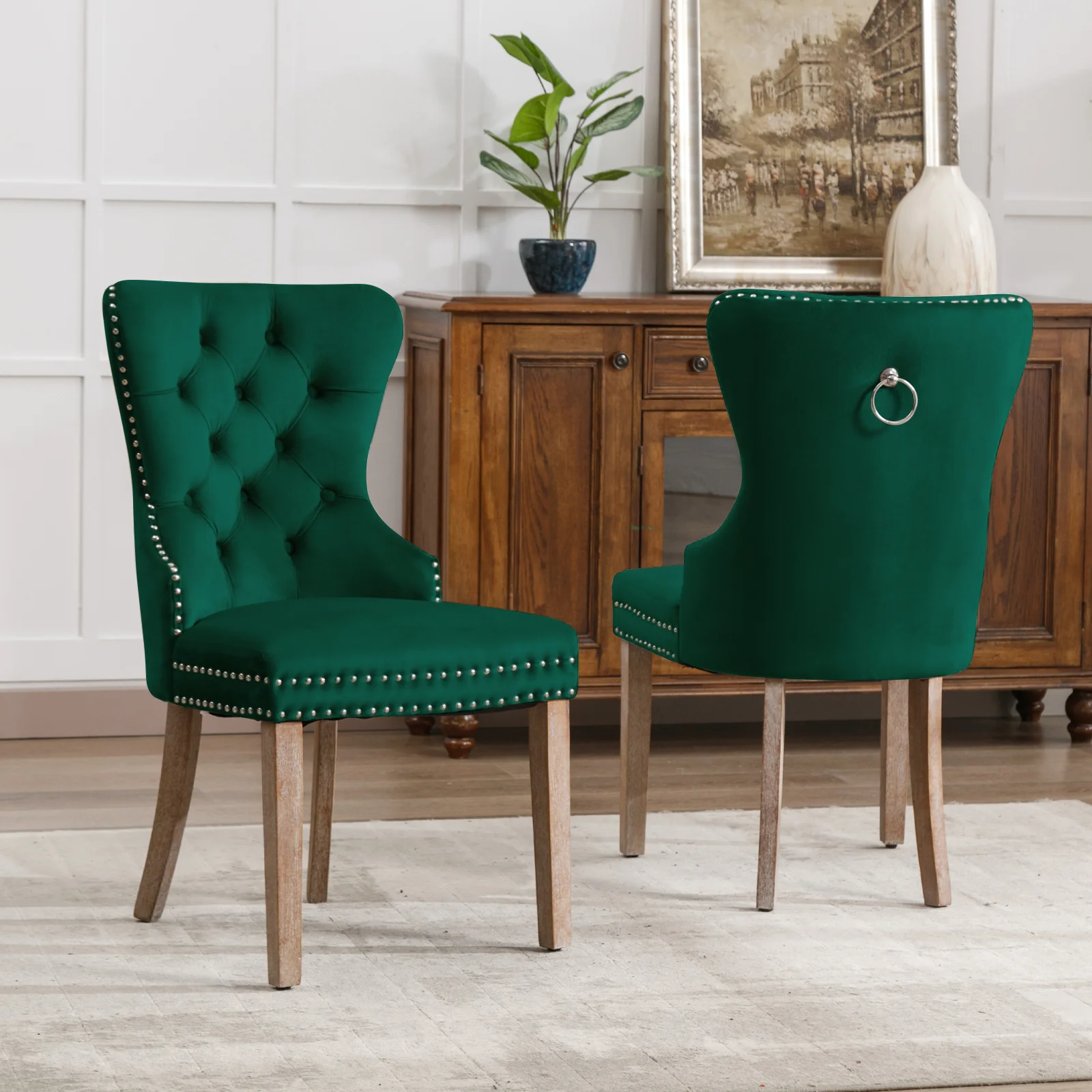 2-piece set Dining chair 53.5*64*95CM,Upholstered Chair with nailhead trim,solid wood legs,velvet cover,living room chair,Green