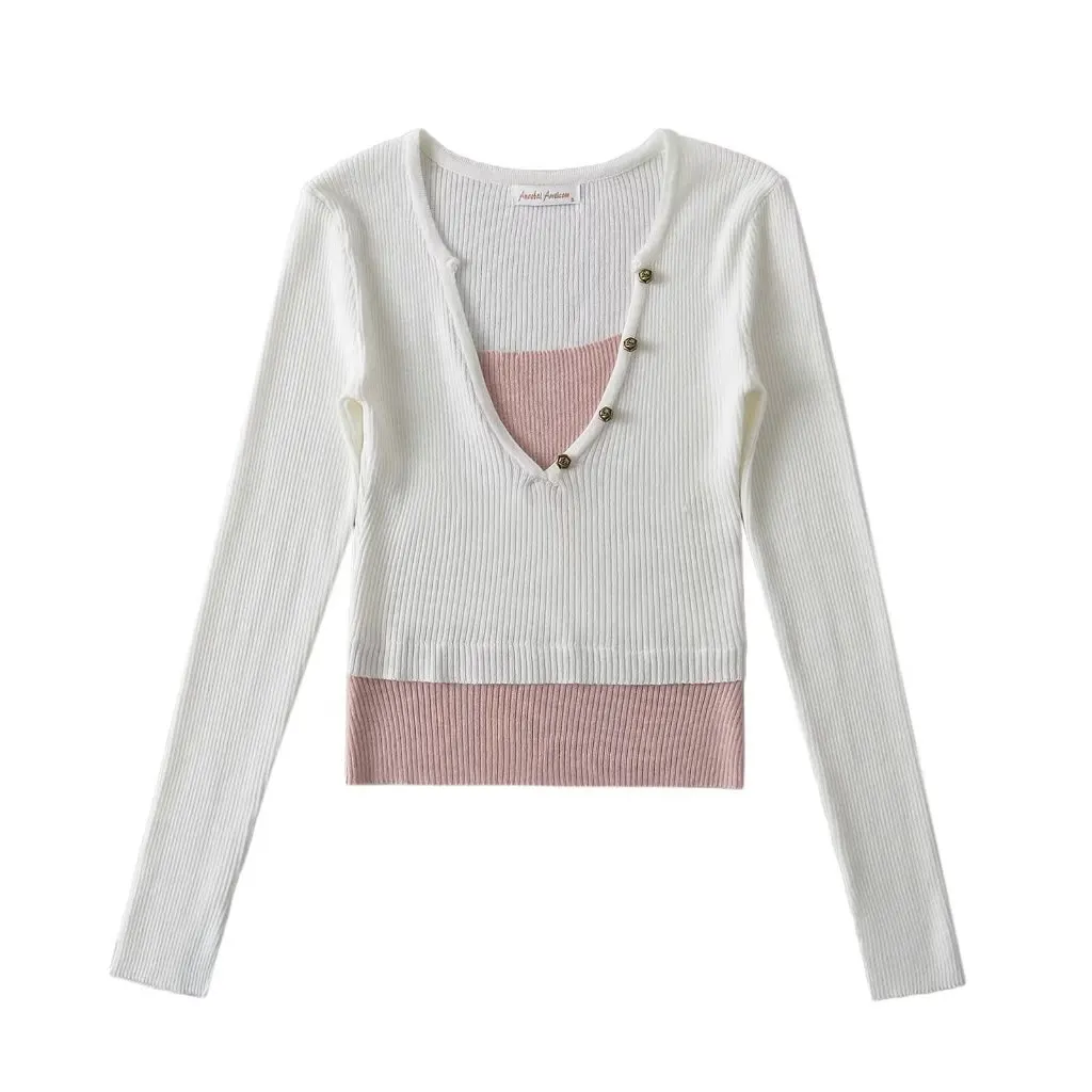 

Женский тонкий свитер с v-образным вырезом, контрастный цвет, искусственный двухсекционный весенний топ в стиле Pure Hot Girl