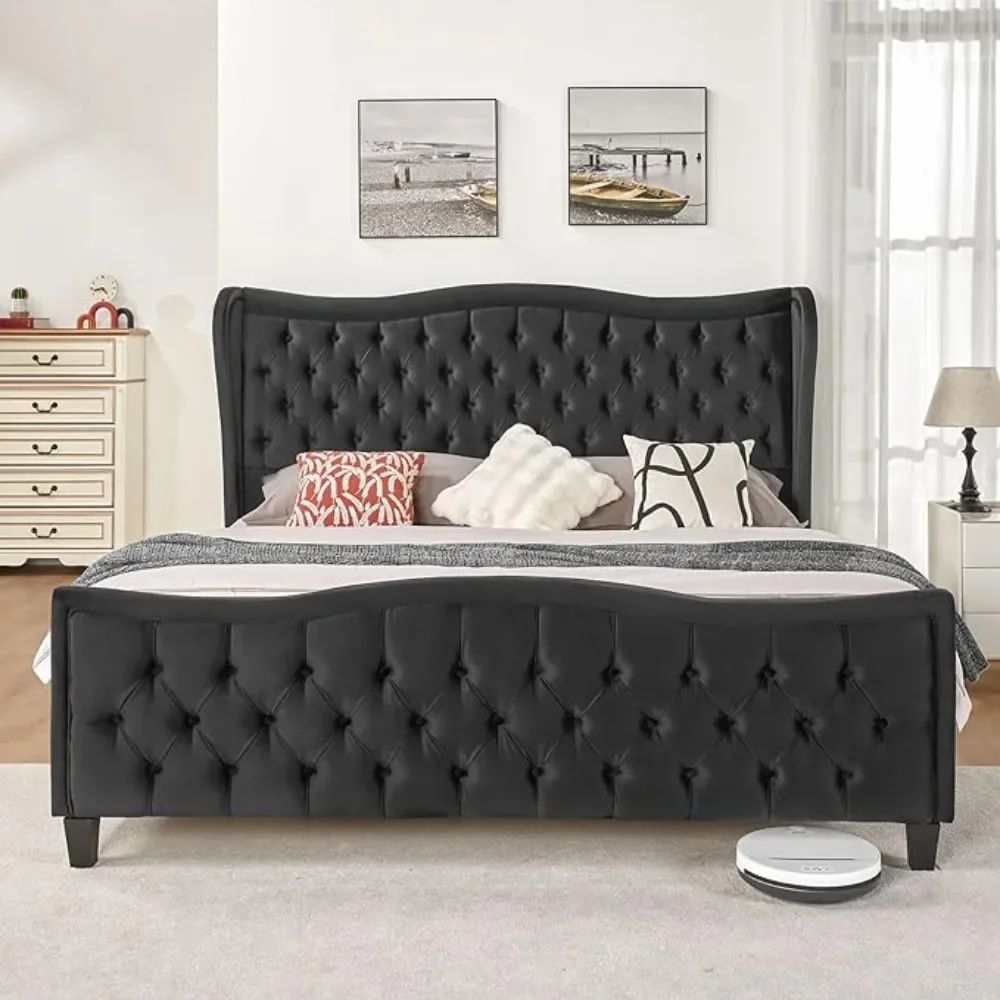 Bed Frame, Velvet Wingback Upholstered Beds with Deep Button Tufted Headboard & Footboard, Bed Frame