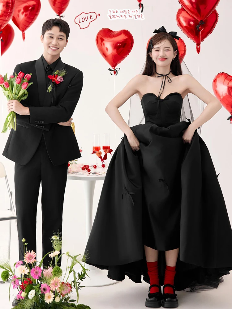 

Свадебное платье из атласной ткани, черное, без бретелек, для парных фотосессий, тематическая одежда, свадебное платье с высокой талией, длинное