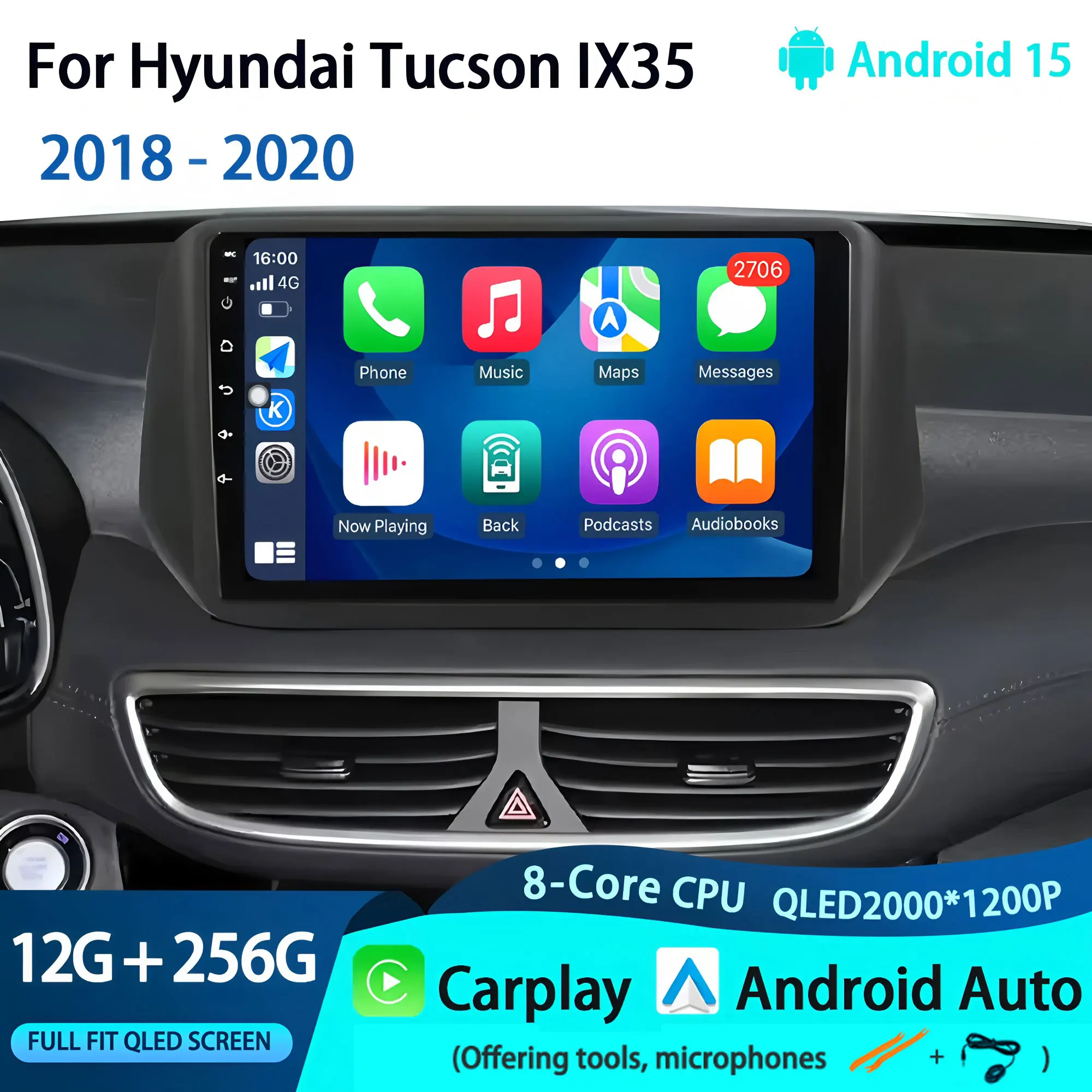 

Для Hyundai Tucson IX35 2018-2020 Android Auto беспроводной Carplay автомобильный радиоприемник мультимедийный плеер GPS-навигация WIFI стерео