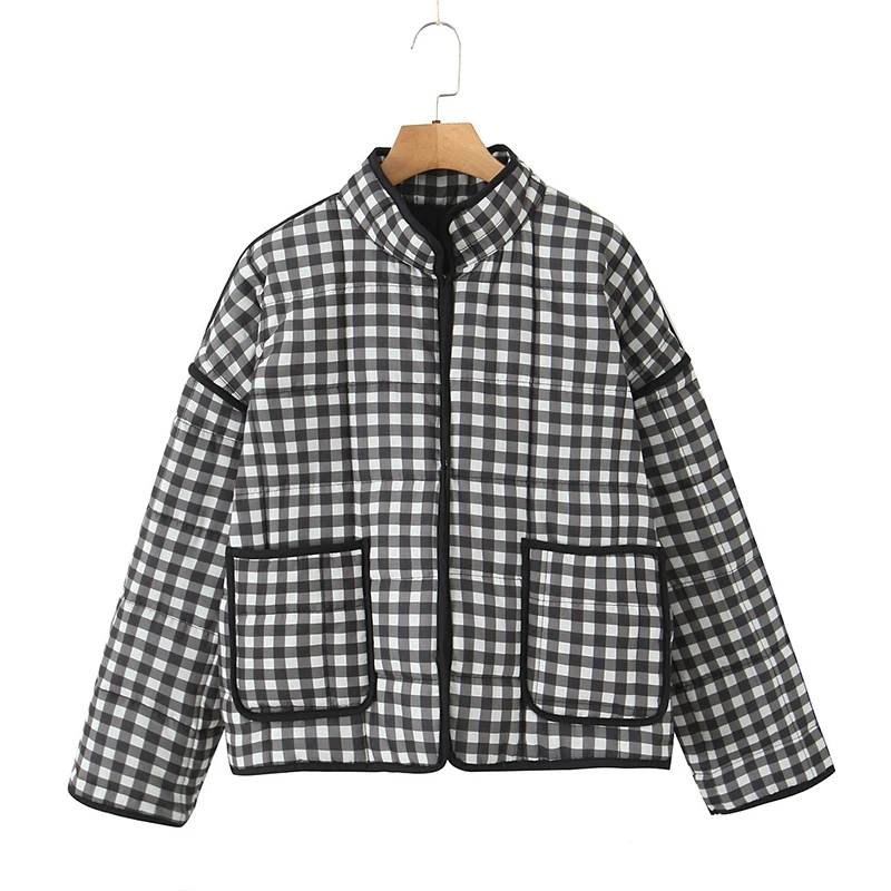 YENKYE New Autumn Women Oversize Black White Plaid Quilted  Jacket Coat Long Sleeve Pockets Female Casual Vintage Outerwear