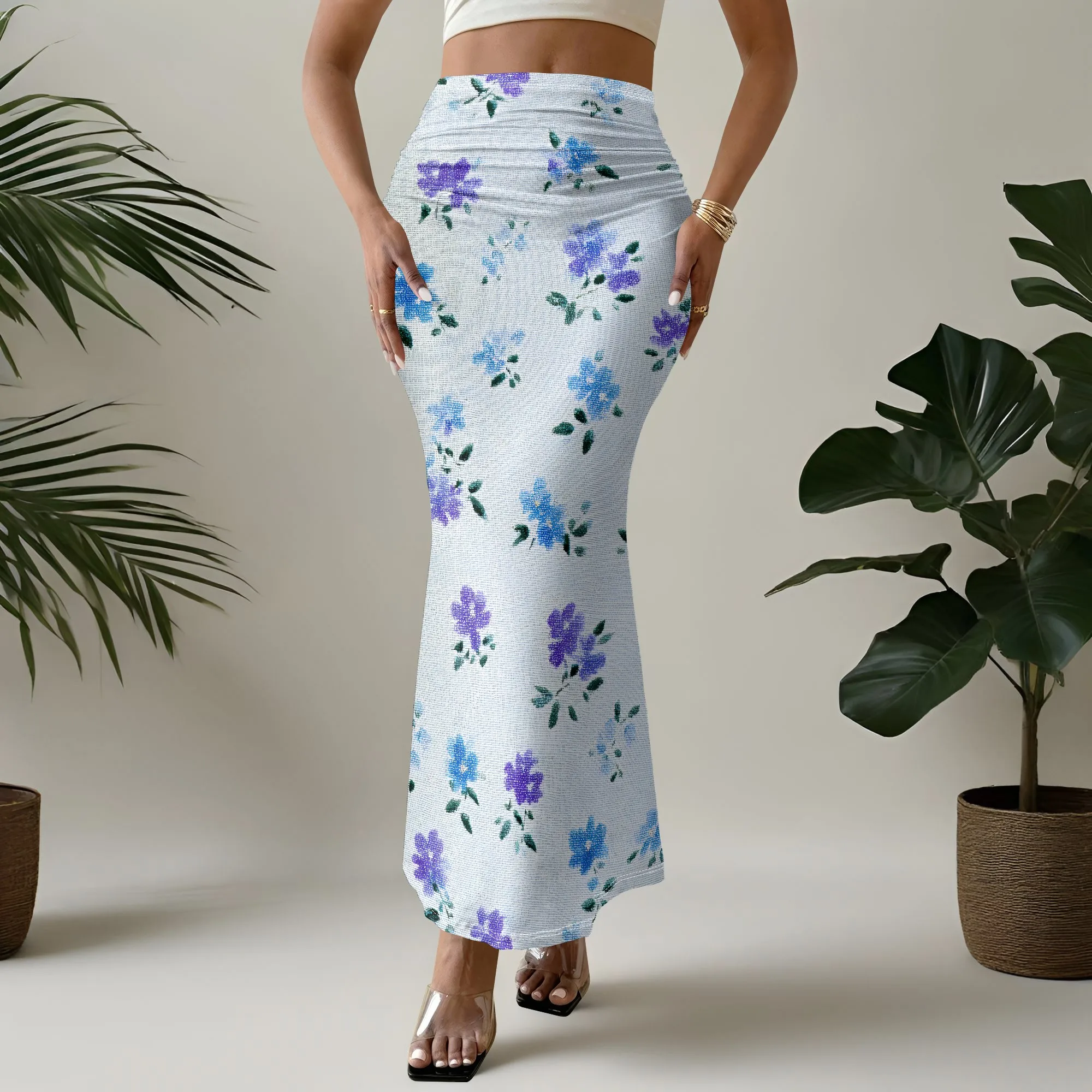 Floral Mermaid Skirt, Purple Print Ruffle Hem, Elegant A-Line Design, Summer Beach Party Wear, S-2XL