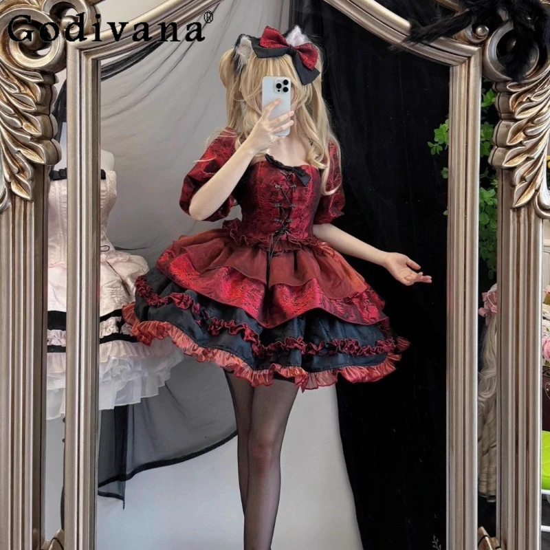 

Black and Red Design Halloween Costume Women's Lace Up Vest Jacket Tube Top Bow Puff Skirt Set Female Japanese Lolita Suits
