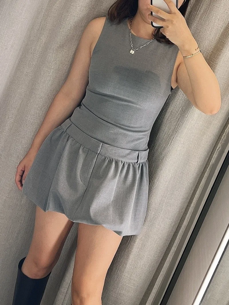 

Autumn Women Flower Bud Mini Dress New Fashion Casual Round Neck Sleeveless Tight Waist Slim-fit Wide Pleated Short Dress