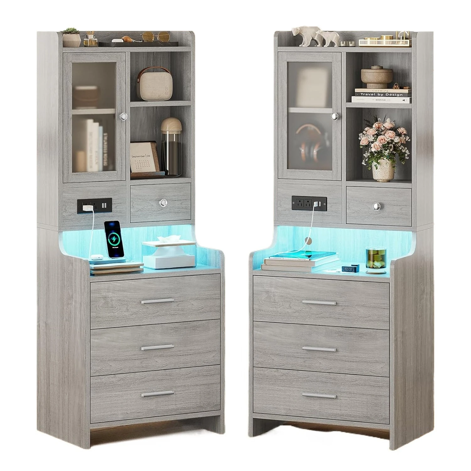 Grey Nightstand Set of 2 with Charging Station,49.2" LED Night Stand for Bedroom,Tall Bedside Table with Bookshelf, Customized