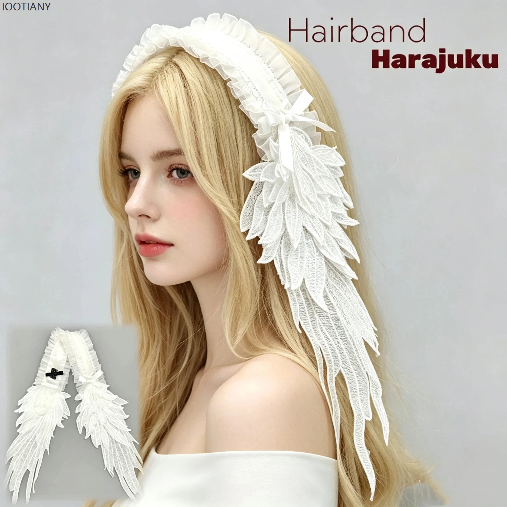 Gothic Lolita Angel Hair Accessory White Wing Lace Headpiece Black Wings Hairband Cosplay Halloween Party Accessories Headdress