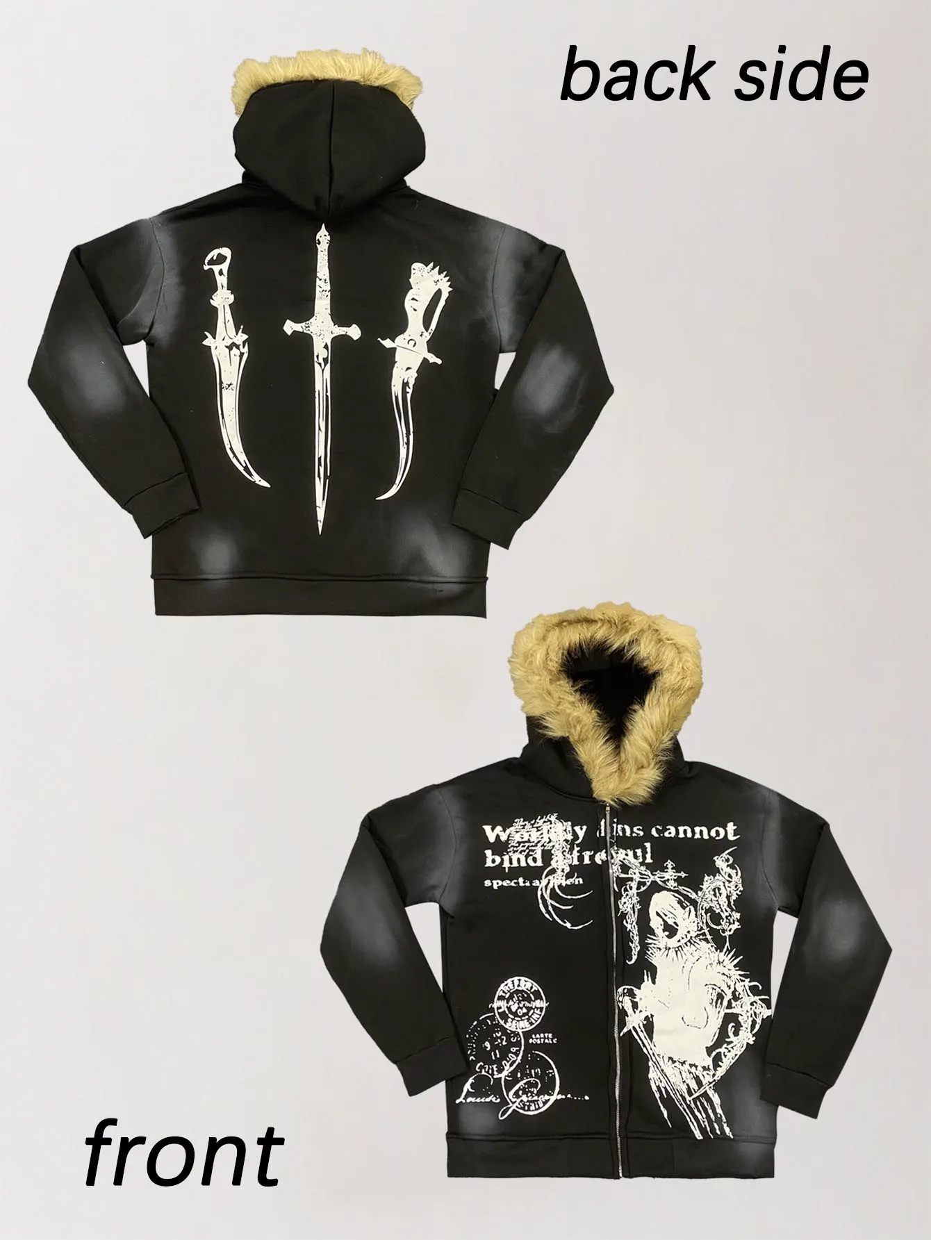 New autumn and winter subculture dark style fur collar brim front figure text print back sword pattern hoodie street trend ins