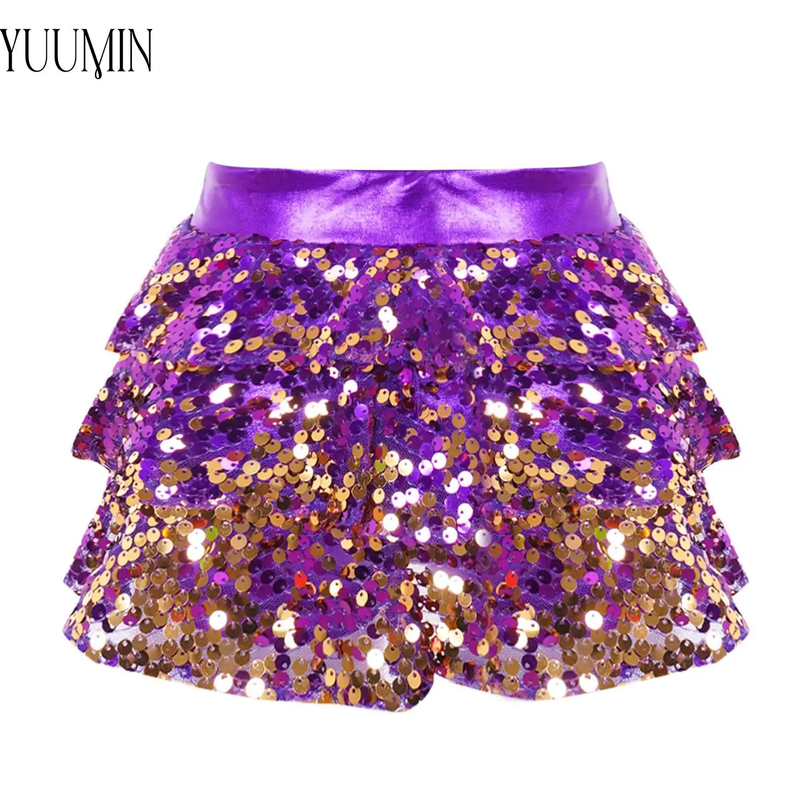 Children Girls Shiny Sequins Tiered Ruffle Skirted Shorts Elastic Culottes Jazz Modern Latin Dance Performance Costume Dancewear