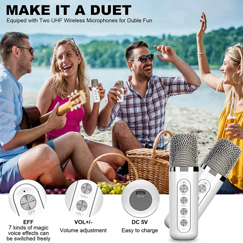 1 Set Portable Karaoke Machine Singing Machine + 2 Wireless Microphones, For Home Party,Meeting