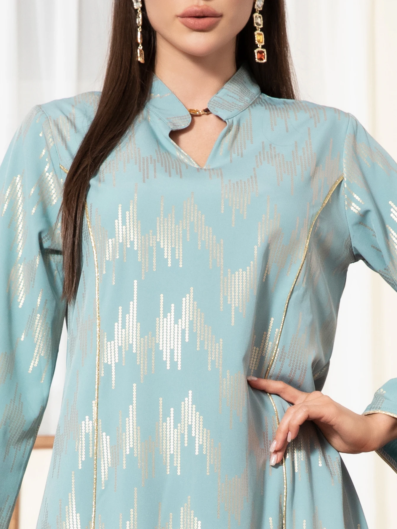 우아한 스타일 하이 칼라 금박 추상 일반 소매 Kaftan 라이트 블루 드레스