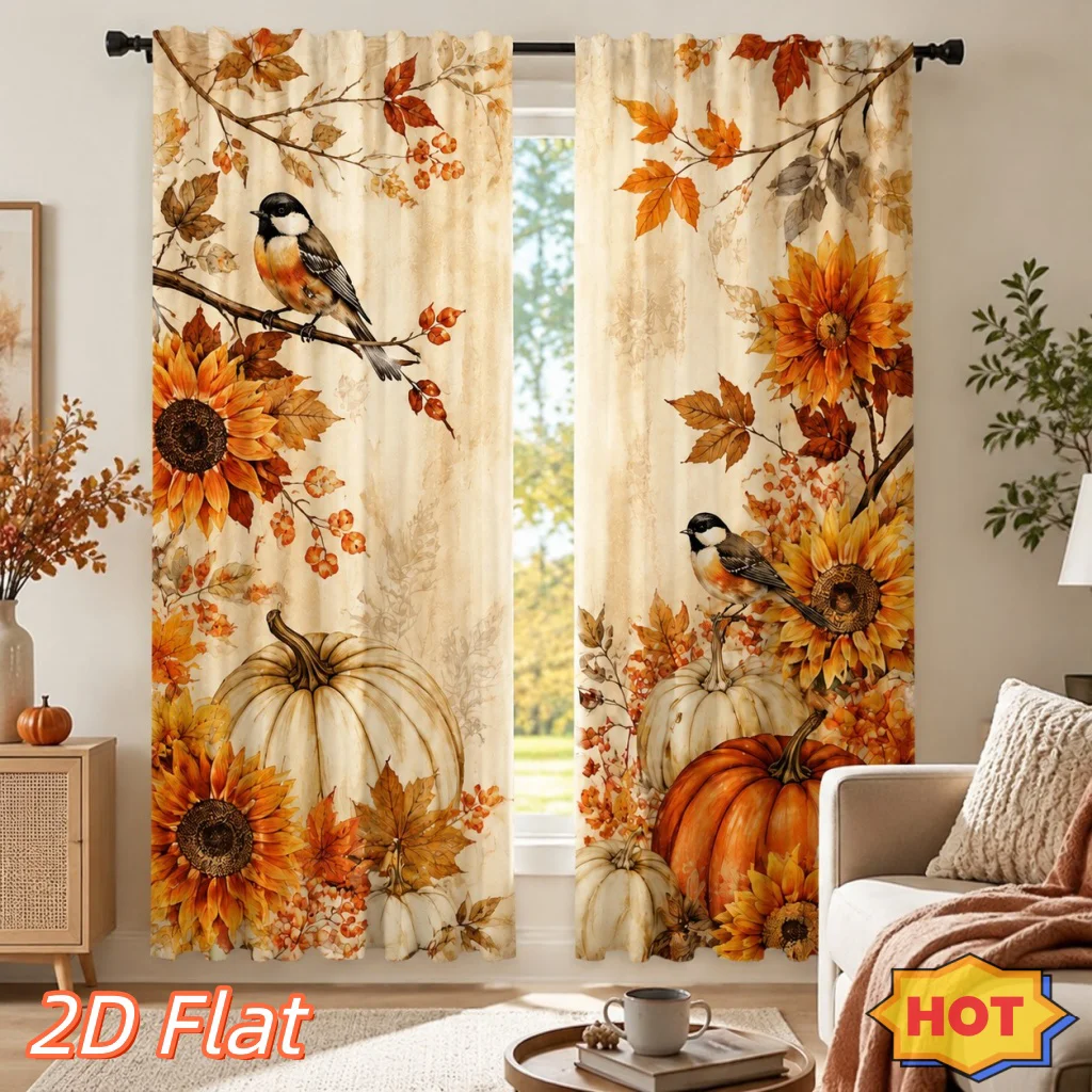 2PCS Digital Print Curtains, Autumn Sunflower Bird White Pumpkin Red Leaf Pattern, Vintage Watercolor Style for Bedroom ／