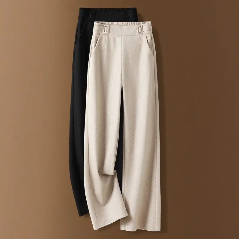 Pantalones de lana de terciopelo para mujer, pantalón informal de cintura alta, holgado, recto, coreano, talla grande, Invierno