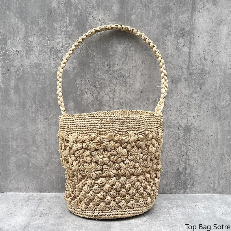 

Women's Raffia Bucket Shoulder Bag Handmade Crochet Drawstring Top Handle Summer Resort Vacation Boho