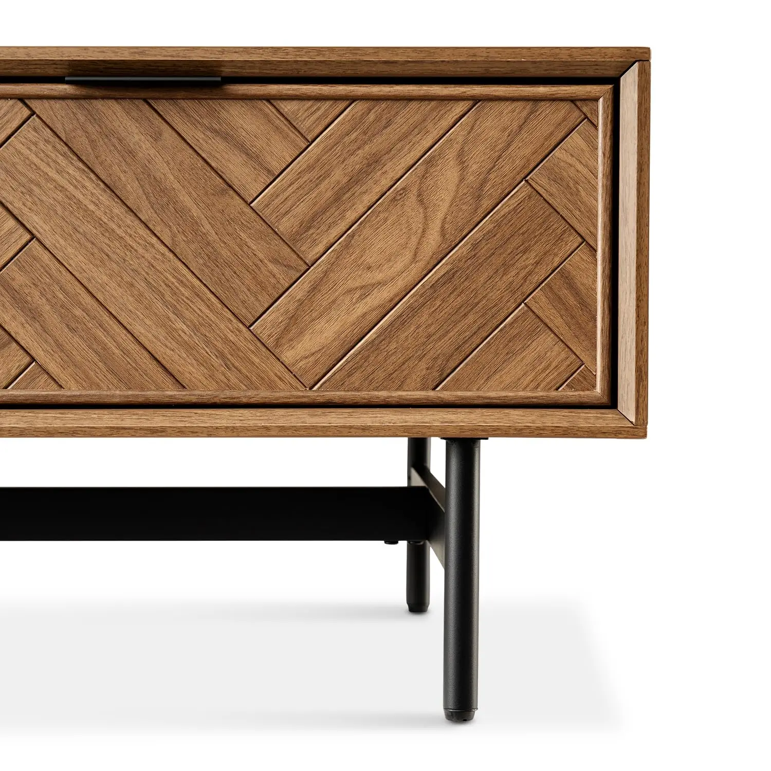 Walnut Herringbone Coffee Table with Black Metal Legs & Handles, Industrial 47