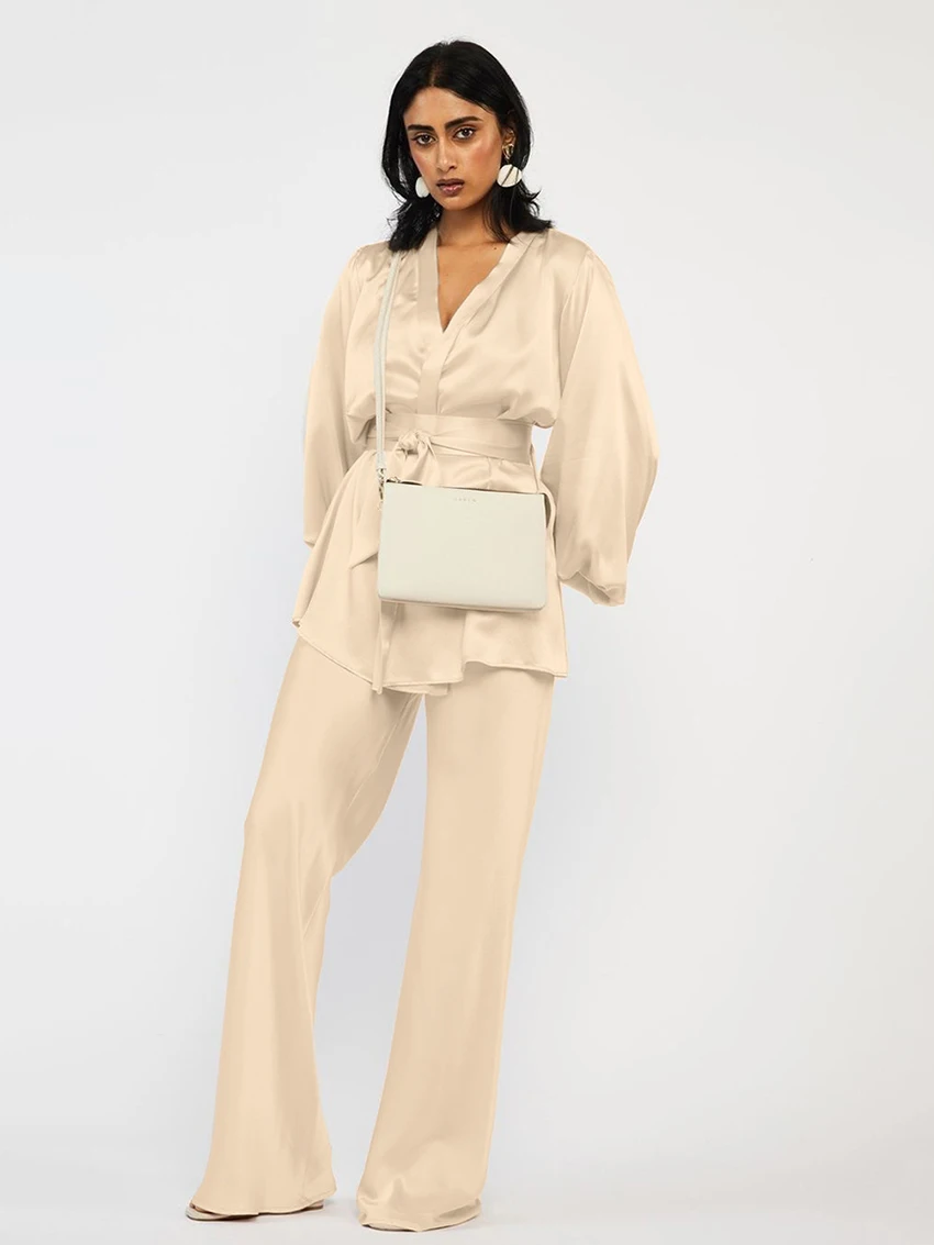 Marthaqiqi Fashion Female Nightgowns Set V-Neck Sleepwear Long Sleeve Nightwear Pants Lace Up Pajamas Pants Women'S Nightie Suit