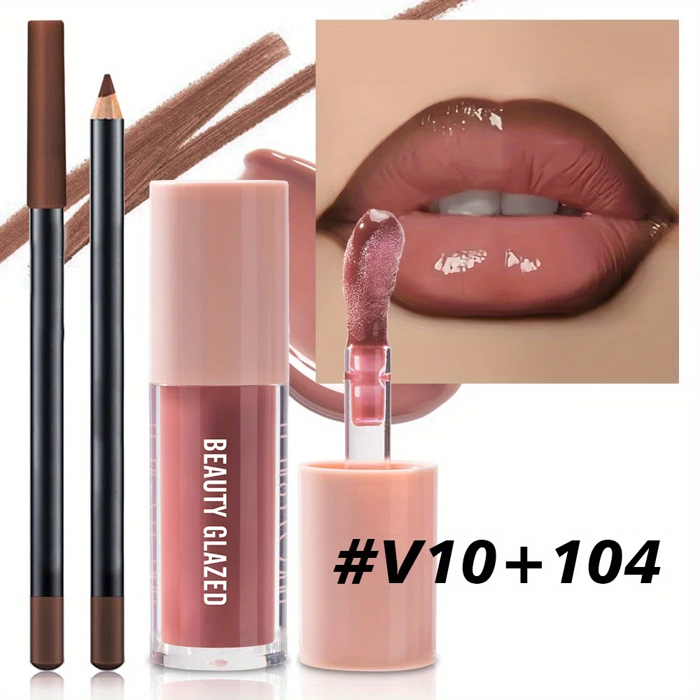 Set trucco labbra texture velluto 2 pezzi/set - Matita labbra - Smalto labbra - Effetto opaco impermeabile a lunga durata, Rosso, Marrone, Crea umidità