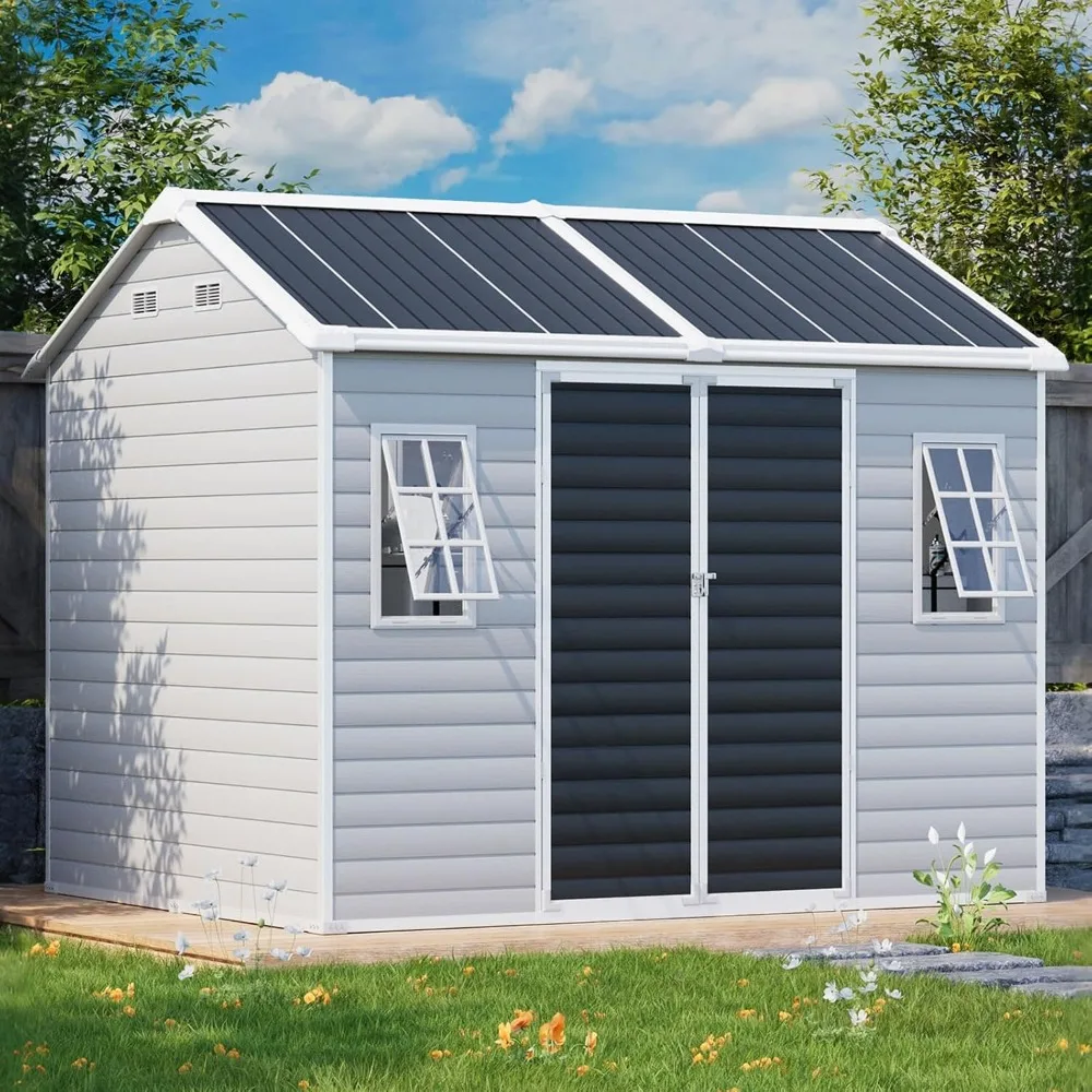 

8x6x7 FT Resin Storage Sheds with Floor Unique Openable 2 Windows, Heavy Duty Frame Waterproof Outdoor Plastic, Customized