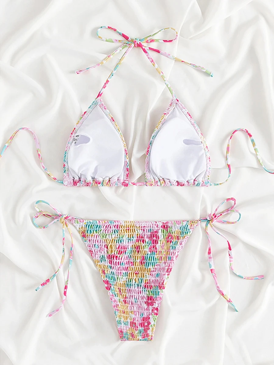 Costume da bagno a vita bassa con fasciatura Sexy costume da bagno a pieghe Bikini con stampa floreale costume da bagno brasiliano femminile abbigliamento da spiaggia per piscina