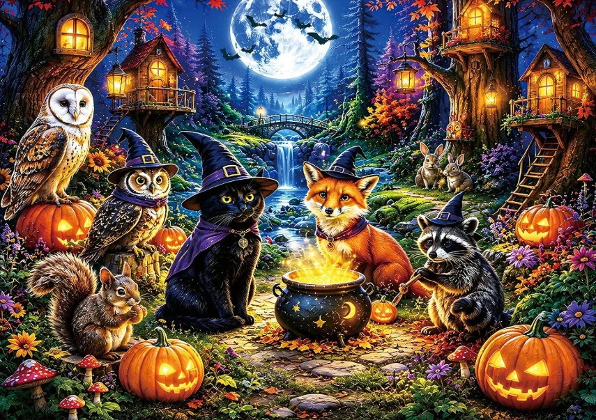 500/1000/1200/2000PCS Jigsaw Puzzle Halloween Forest Wizard Animals Owl Fox Black Cat Pumpkin DIY Home Wall Decor Art Gift