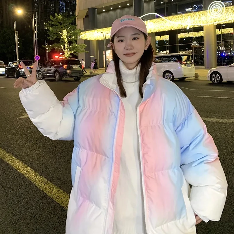 Rainbow Gradient Oversize Couple Jacket Women Street Winter Thick  Streetwear snow Harajuku Ladies Korean Fashion Zipper Jackets