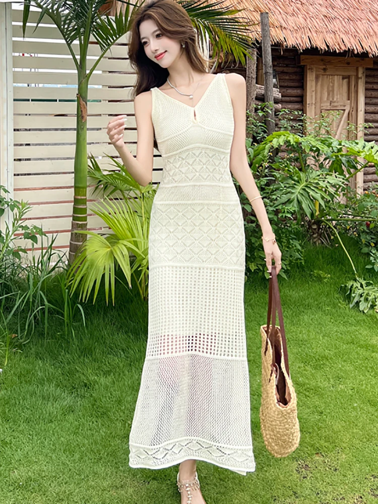 2025 preto de malha jacquard oco para fora estilingue sexy vestido longo feminino vintage bodycon camisola vestido verão coreano chique vestido de festa
