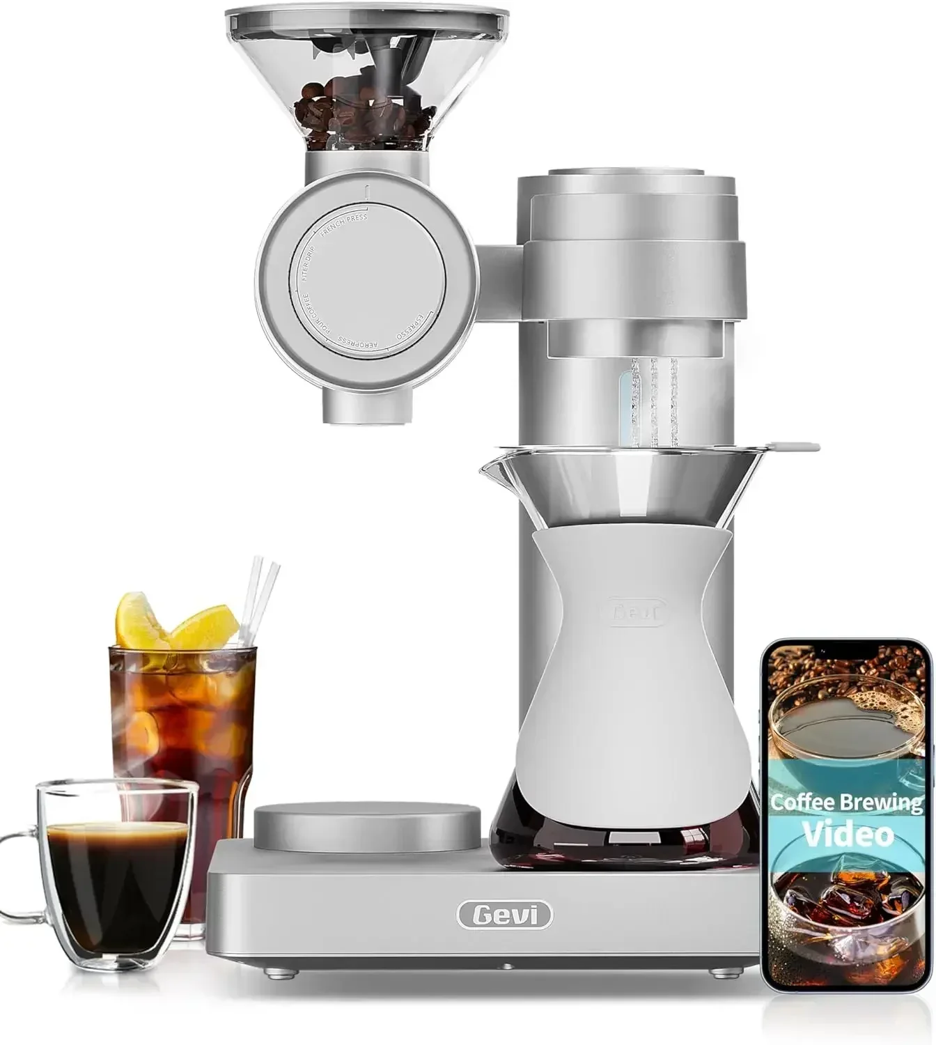 Gevi-Smart Pour-over Coffee Machine, Fast Heating Brewer, Built-in Grinder, 51 Step Grind Setting,Automatic Barista