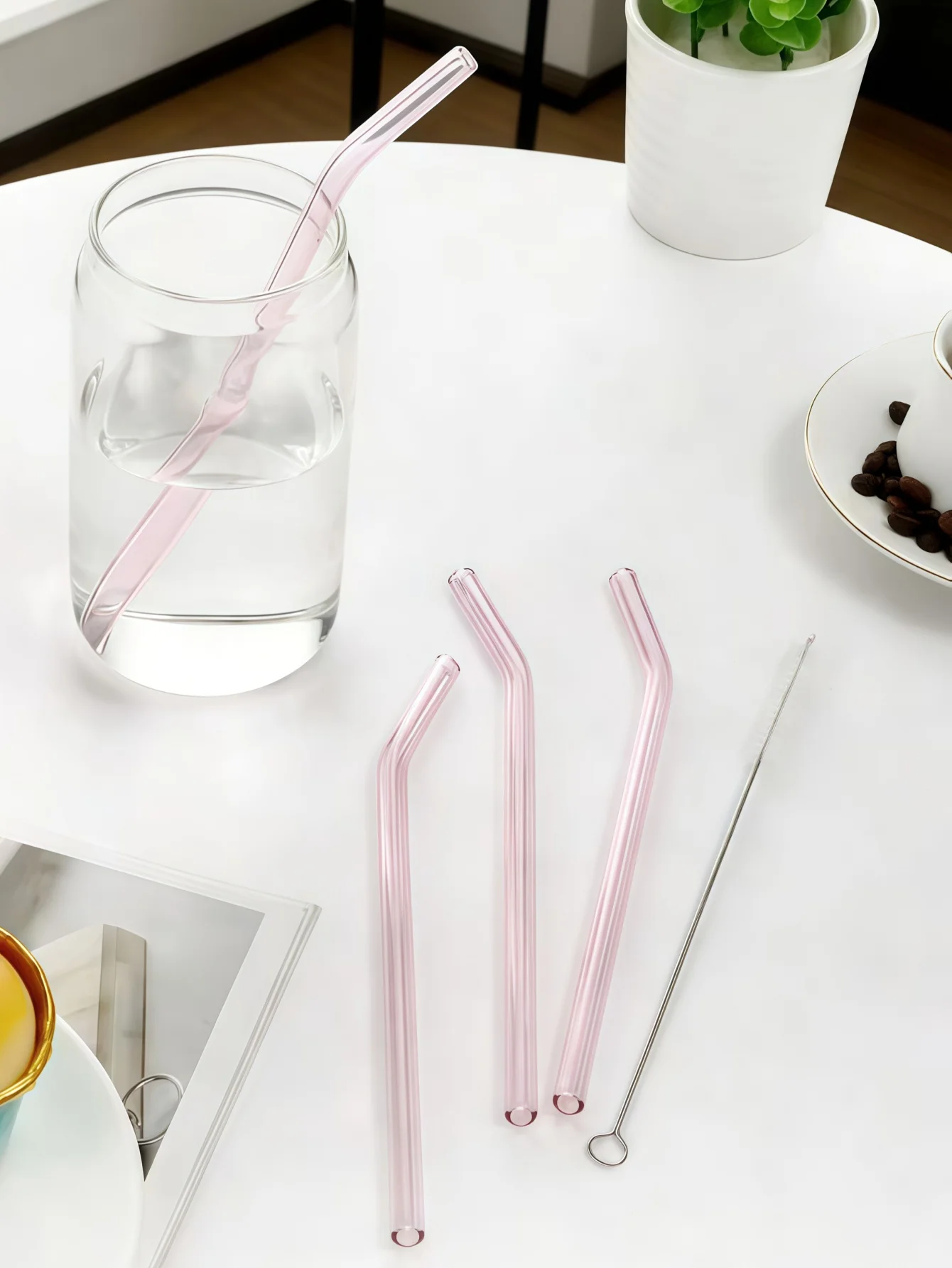 1/6PCS Neon Curved Glass Straw Set, Reusable Straws for Beer, Milk Tea, Cocktails, Party Decorations, Birthday Gifts