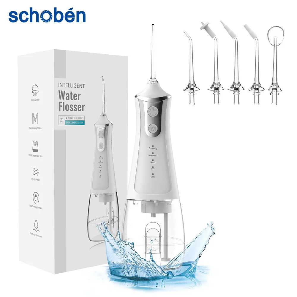 

Schoben Oral Dental Irrigator Portable Water Flosser USB Rechargeable 4 Modes Waterproof IPX6 300ML for Cleaning Teeth