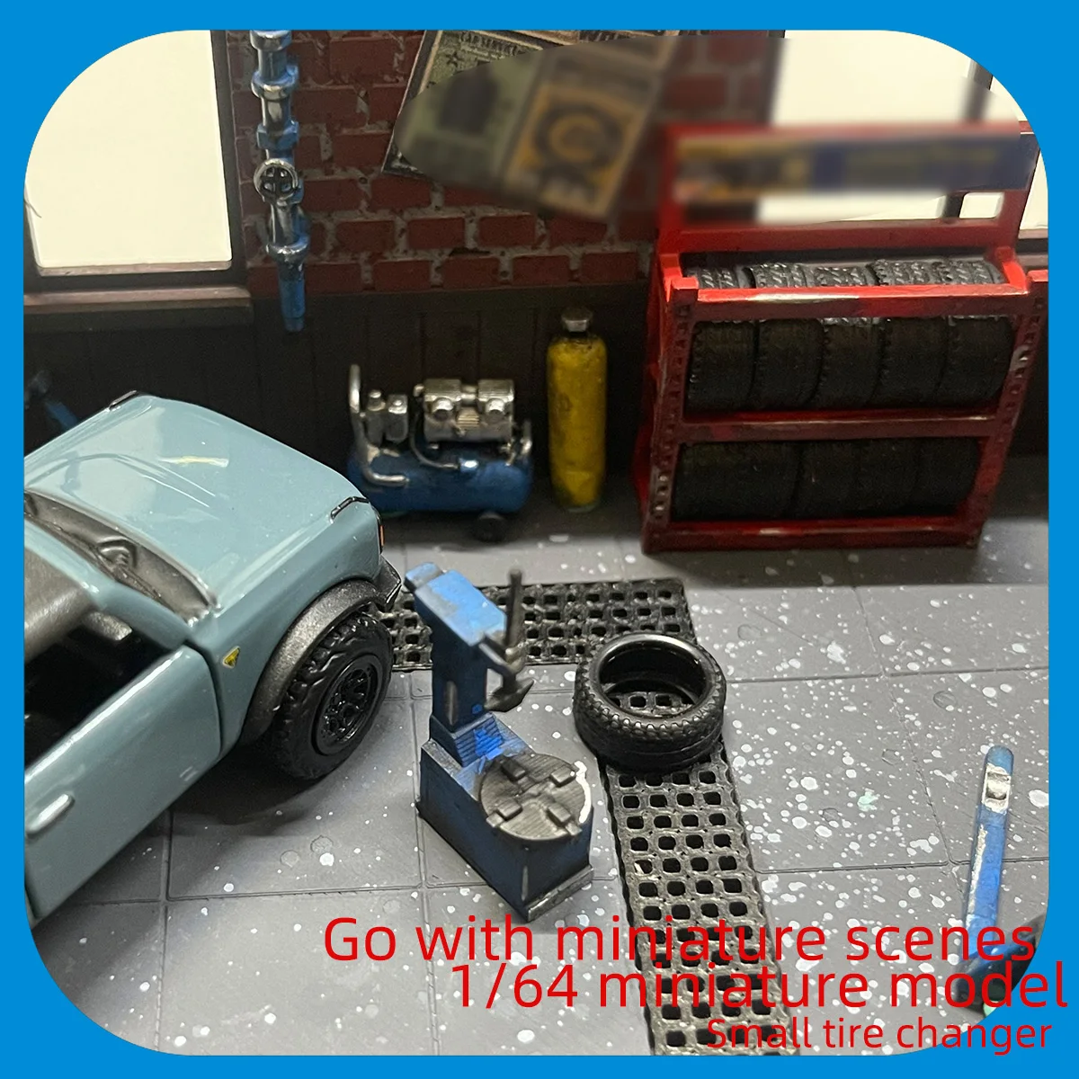 Detailed Scene: 1:64 Scale Miniature Model Repair Shop, Mini Tire Changer Machine, Decorative Car Model Scene with Vintage Layout