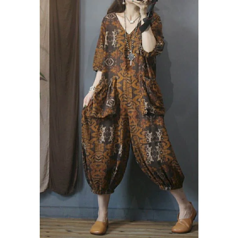 Oversize Jumpsuit Women Half Sleeve Casual Print One Piece Outfit Women Playsuit Vintage Pants Overalls for Women Leggings Pants