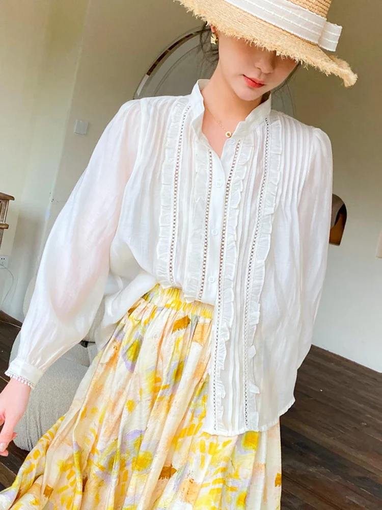 Beige Elegant Chic Blouse Shirt Boho Lace Summer Women Blouse Long Lantern Sleeve Ruffles Sexy Ladies Casual Top Shirt