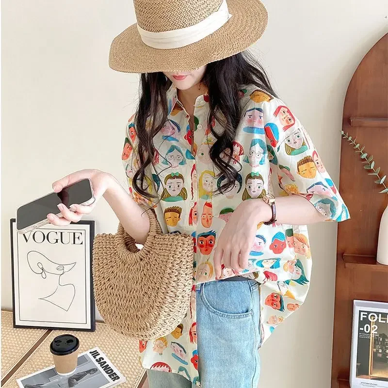 Korean Brand Retro Cartoon Shirts for Women Teens Girls Short Sleeve Summer Blouse Y2K Aesthetic Clothes Loose Oversized Tee Top