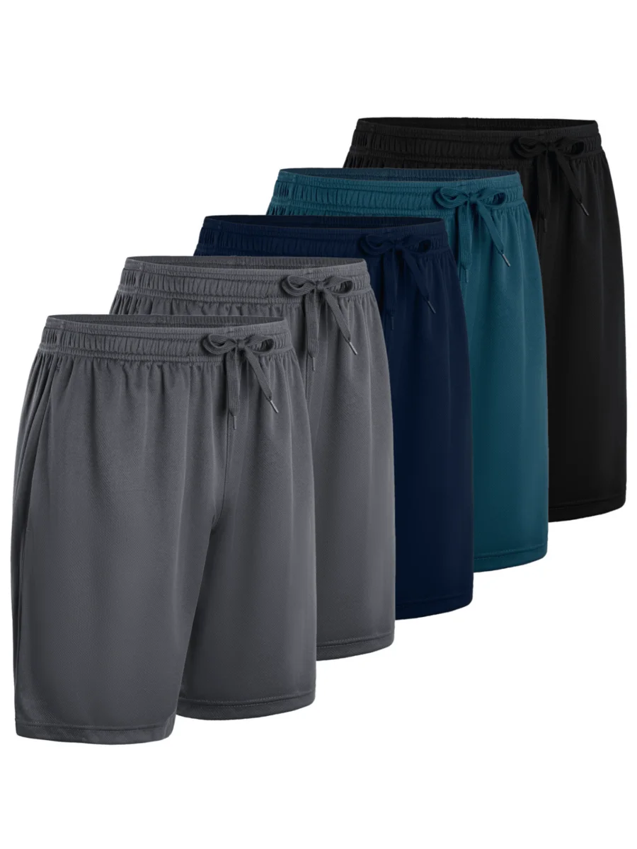 5 Pcs Men's Athletic Performance Shorts - Quick Dry Polyester Micro Mesh With Elastic Waist & 2 Side Pockets (8 Inch Inseam)