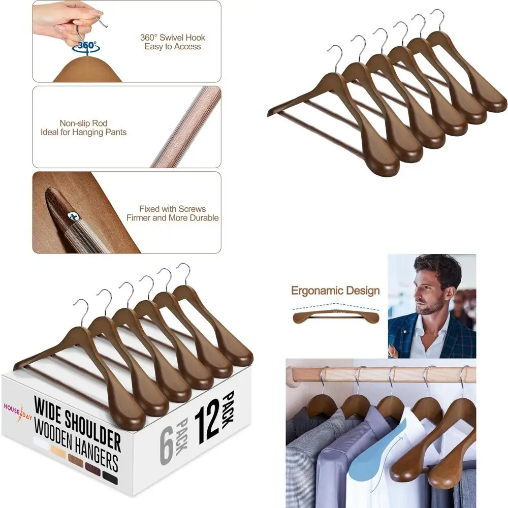 

12-Pack Walnut Wooden Hangers with Non-Slip Bar for Men's Suits, Jackets, Pants, and Dresses