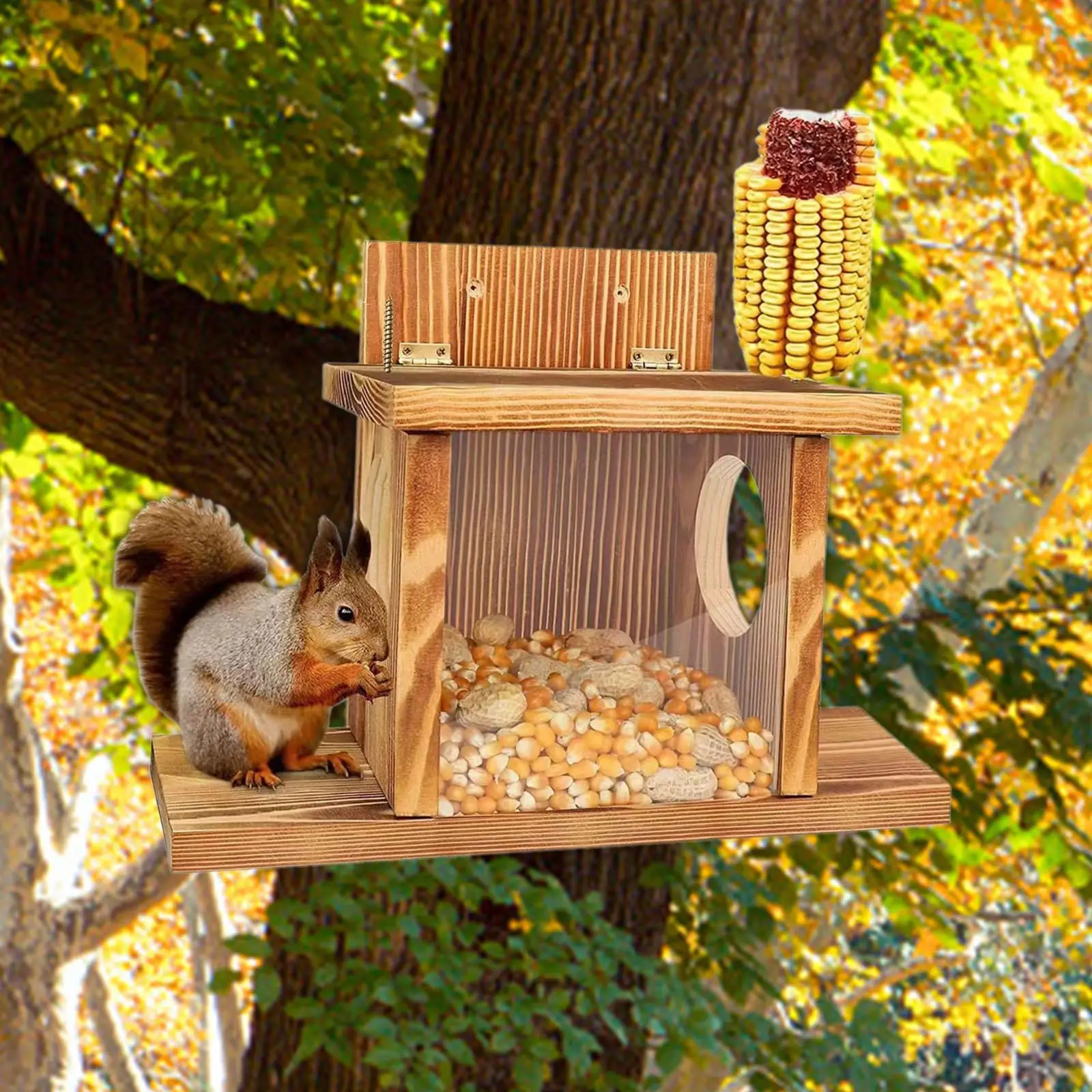 Outside Wood Squirrel Feeder Squirrel Chipmunk House with Top Roof for Backyard