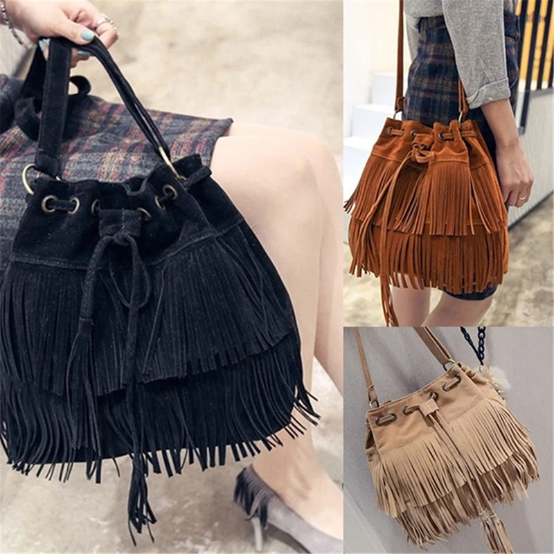 Mensageiro de franja de camurça retrô para mulheres, bolsas de ombro Tassel, sacola crossbody, novo, 2024